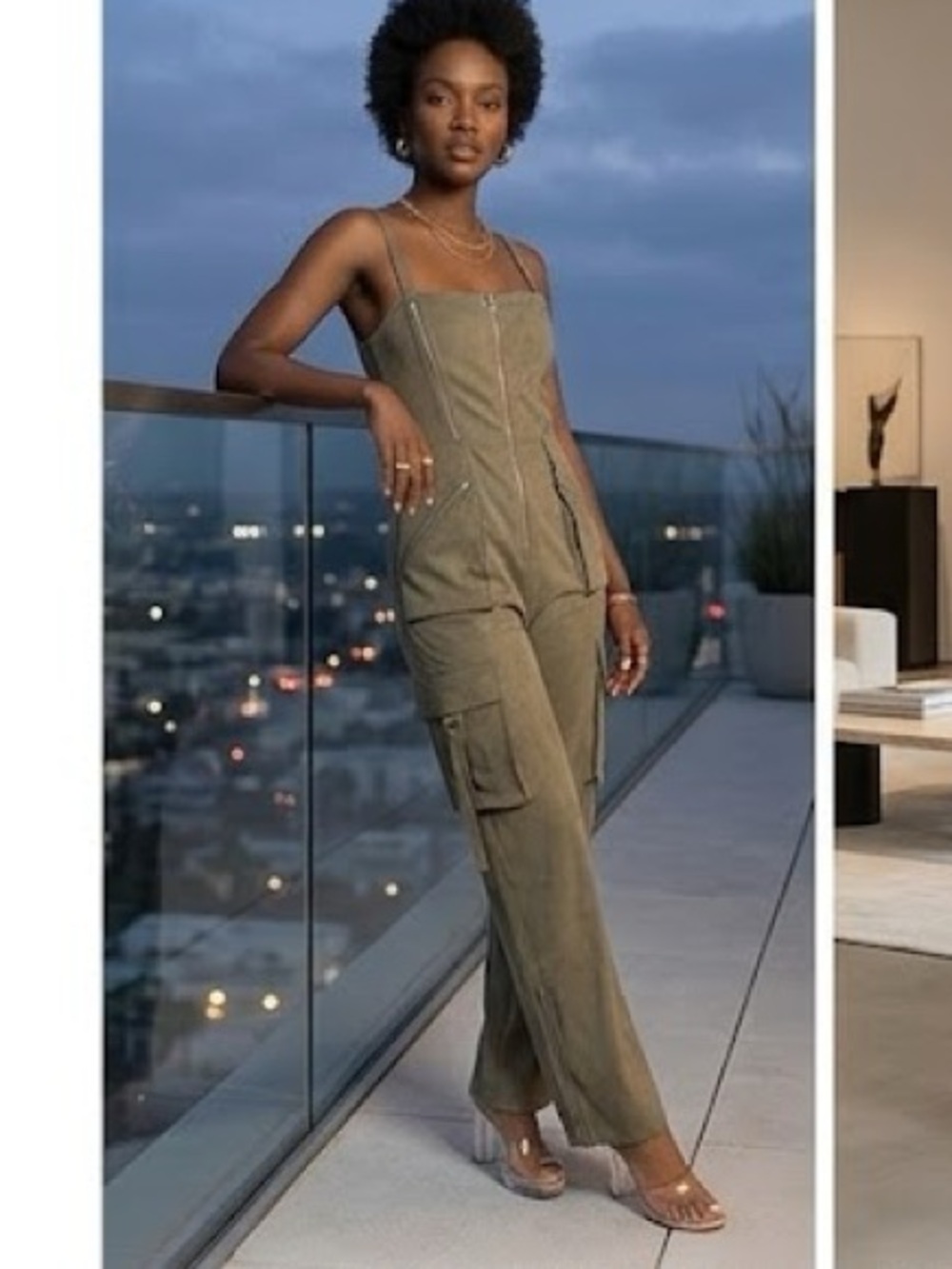 Blogger favorite Olive Cargo Wide Leg Jumpsuit Zip Front Utility Romper Pockets